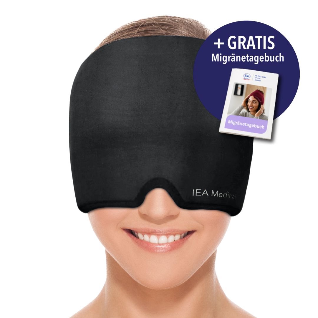 Schwarze Kühlmaske für den Kopf, Marke IEA Medical, kann warm oder kühl angewendet werden.