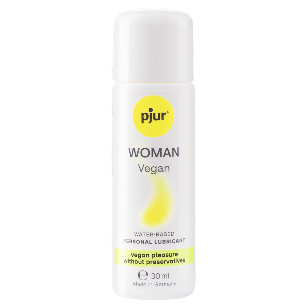 Weiße Flasche mit gelbem Etikett. Aufschrift: pjur WOMAN Vegan, Wasserbasiertes Gleitmittel. 30 ml.