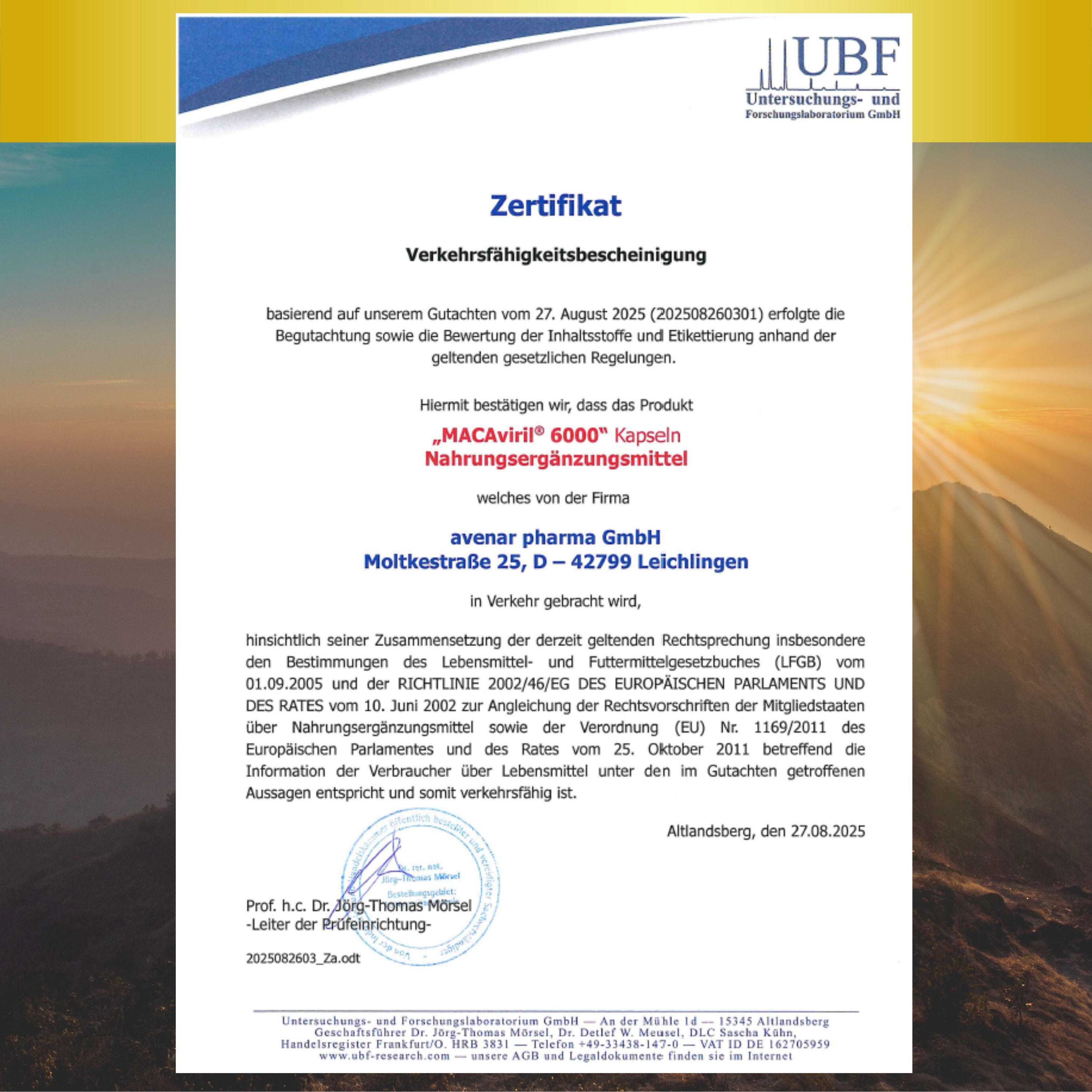 Zertifikat für MACAviril 6000® Kapseln. Text: Verkehrsfähigkeitsbescheinigung, avenar pharma GmbH.