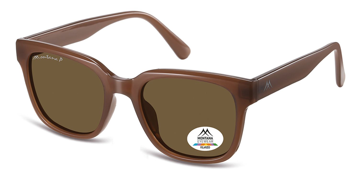 Braune Sonnenbrille, seitliche Ansicht. Montana Eyewear Logo auf dem Bügel und Glas. Polarisiert.