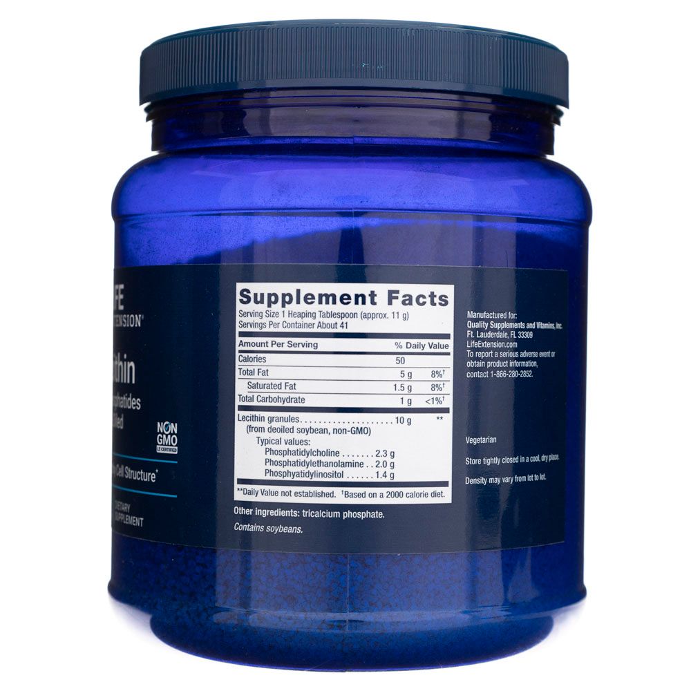 Rückseite des Life Extension Lecithin Pulver Behälters. Zeigt 'Supplement Facts' mit Nährwertangaben und Inhaltsstoffen.