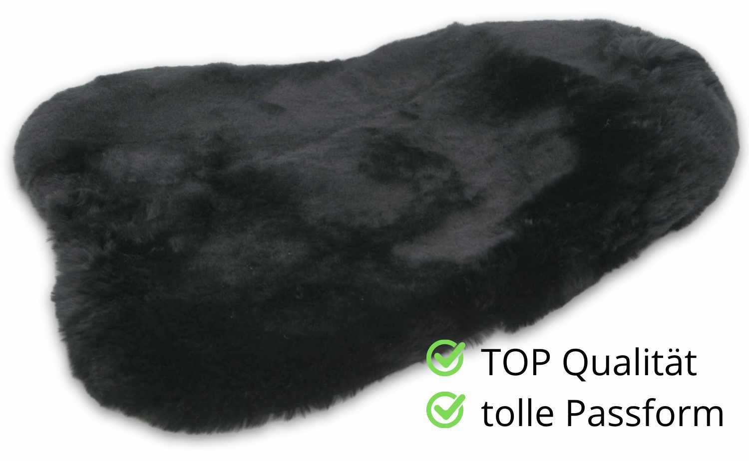 Schwarzer Lammfell Sattelsitzbezug. Weiches Material. Text: TOP Qualität, tolle Passform.