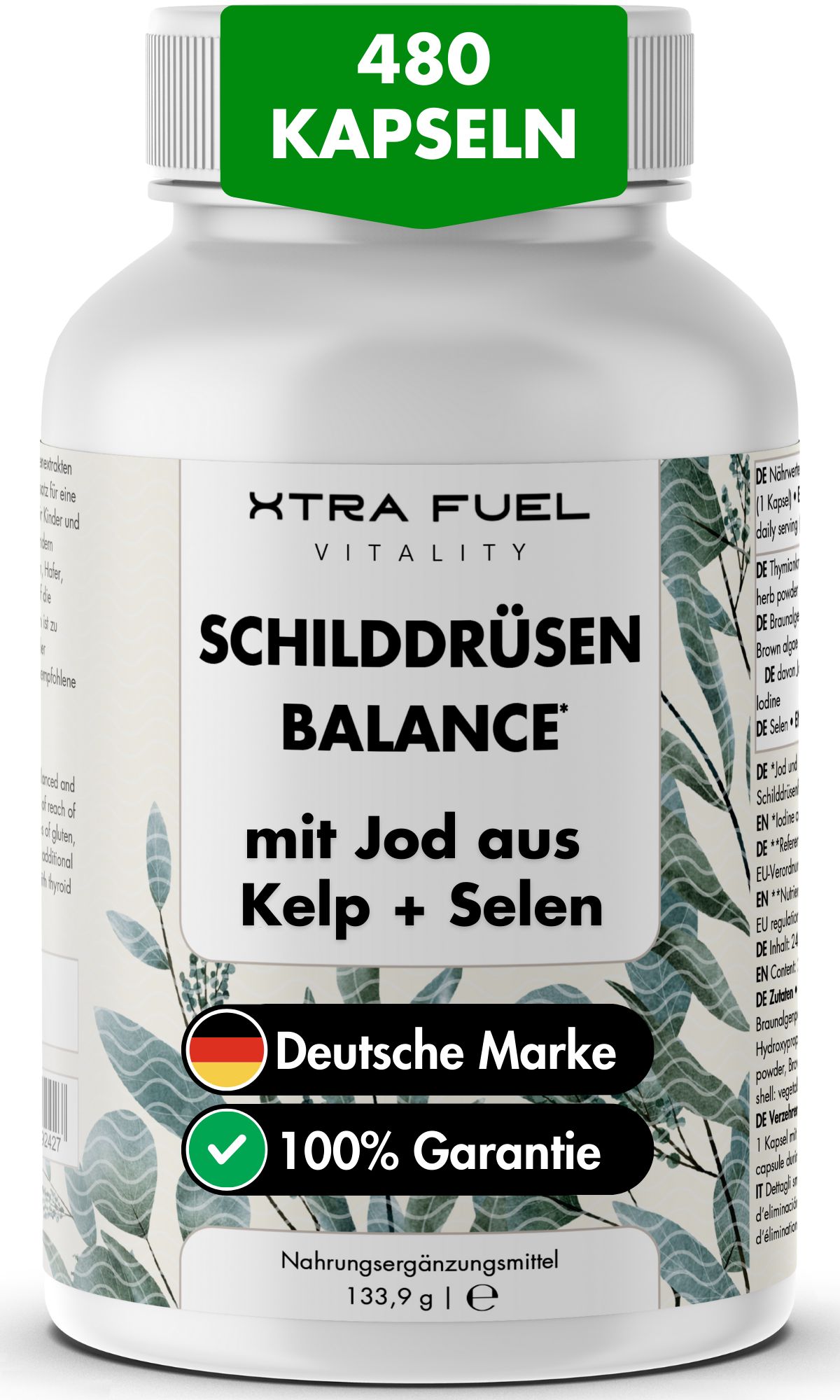 Weiße Flasche mit Kapseln. Aufschrift: XTRA FUEL, Schilddrüsen Balance, mit Jod aus Kelp + Selen. 480 Kapseln.