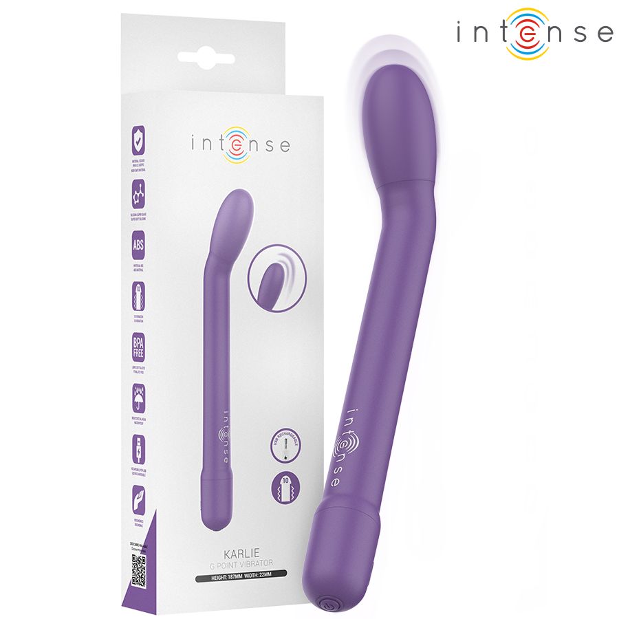 Verpackung mit lila G-Punkt-Stimulator. Marke: Intense, Karlie. Text: Wiederaufladbar.