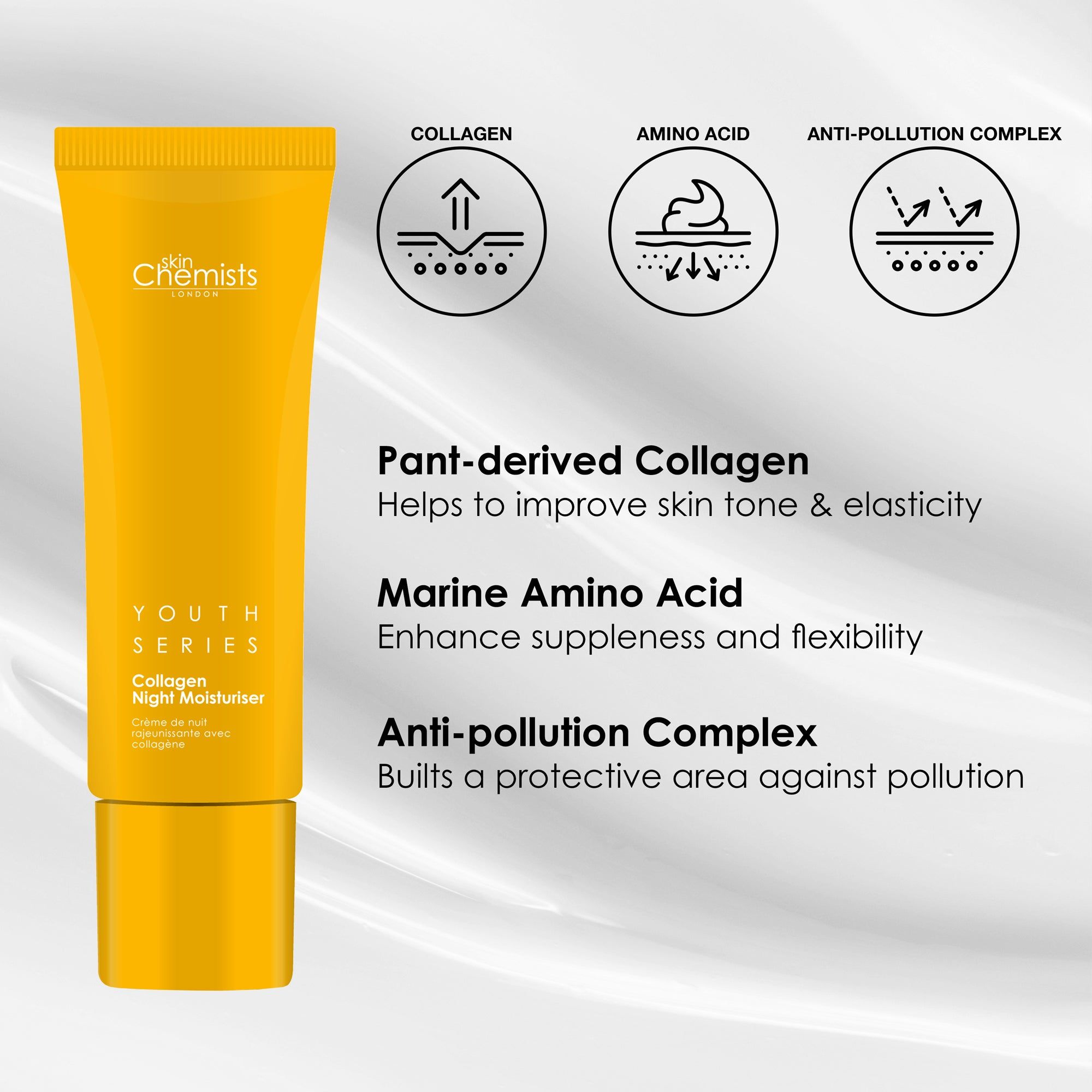 Gelbe Tube mit Text und Infografiken. Produktname: Youth Series Collagen Night Moisturiser. Marke: SkinChemists.