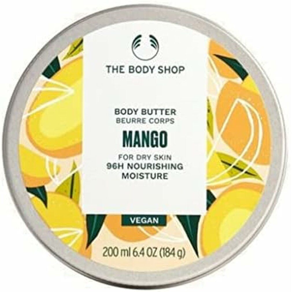 Runde Dose mit Mango-Design. Aufschrift: Body Butter Mango, für trockene Haut, 96h Feuchtigkeit. Vegan. 200 ml.