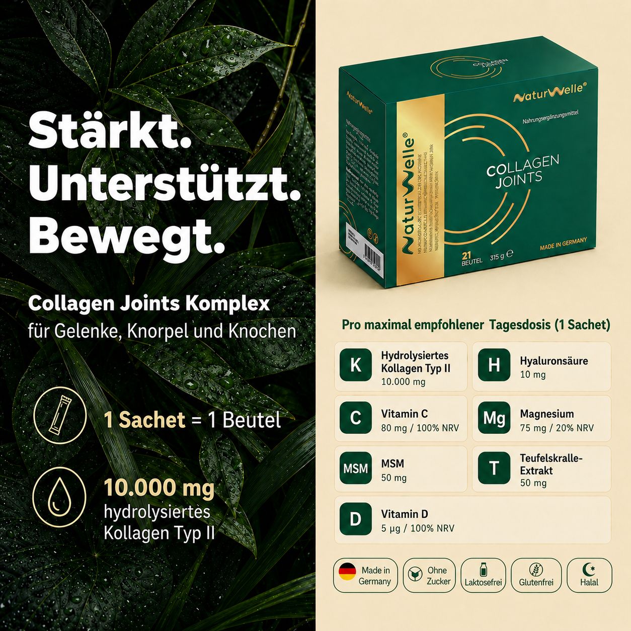 Infografik mit Text und Inhaltsstoffen. Enthält u.a. Kollagen Typ II, Vitamin C, Magnesium.