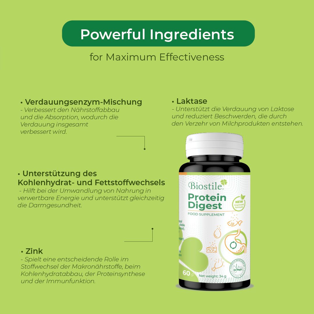 Biostile Protein Digest: Fortgeschrittene Enzymformel für Protein- und Laktoseverdauung.