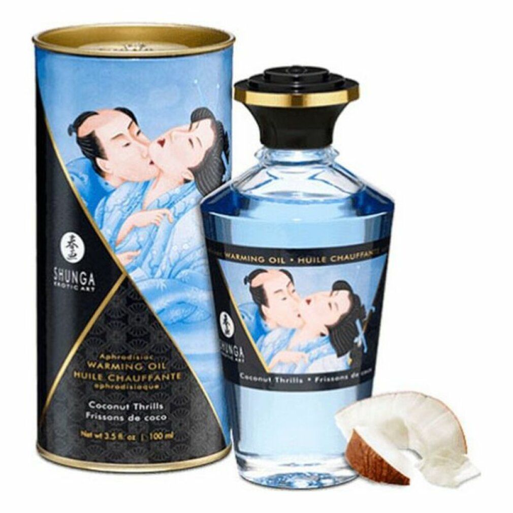Zylindrische Dose und Flasche mit blauem Öl. Aufschrift: Shunga, Warming Oil, Coconut Thrills. Kokosnuss-Stück.