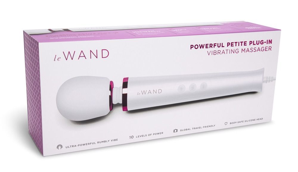 Verpackung für 'le Wand'. Produktabbildung. Text: 'Powerful Petite Plug-in Vibrating Massager'.