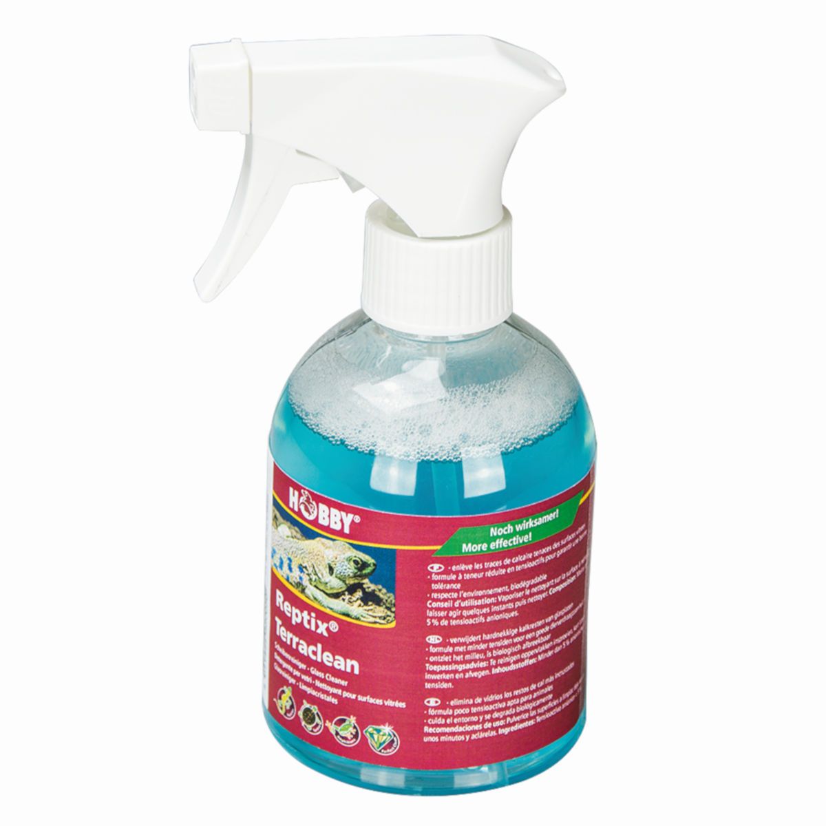 Sprühflasche mit blauem Inhalt. Etikett mit Produktname und Logo. Weißer Sprühkopf.