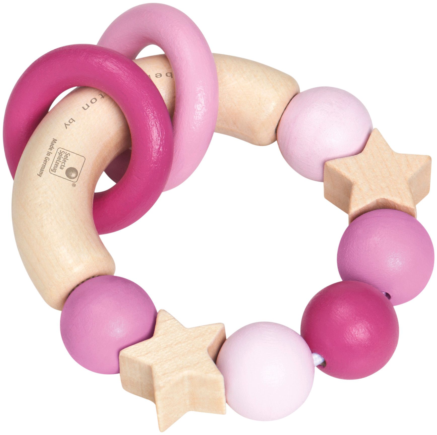 Rosa Greifling mit Holzperlen und Sternen. Ringförmig, mit zwei Holzringen verbunden.