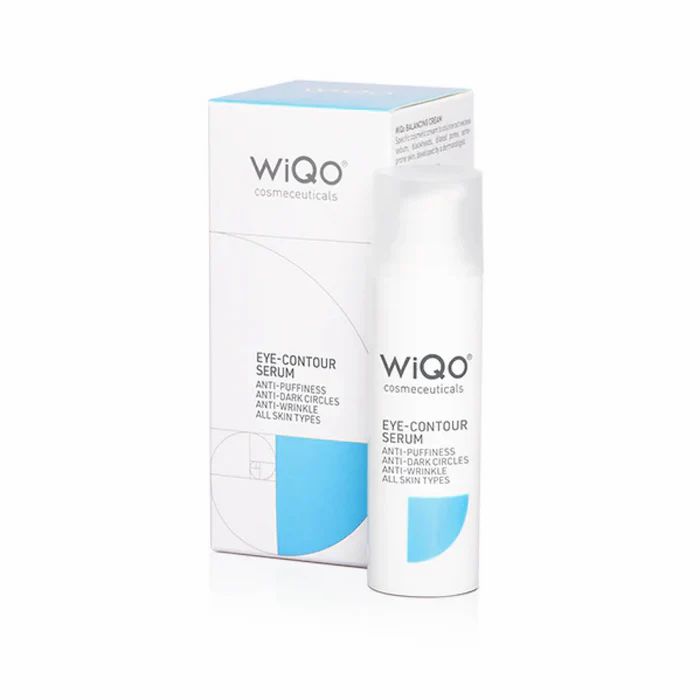 Weiße Flasche und Schachtel mit WiQo Eye-Contour Serum. Text: Anti-Puffiness, Anti-Dark Circles, Anti-Wrinkle, All Skin Types.