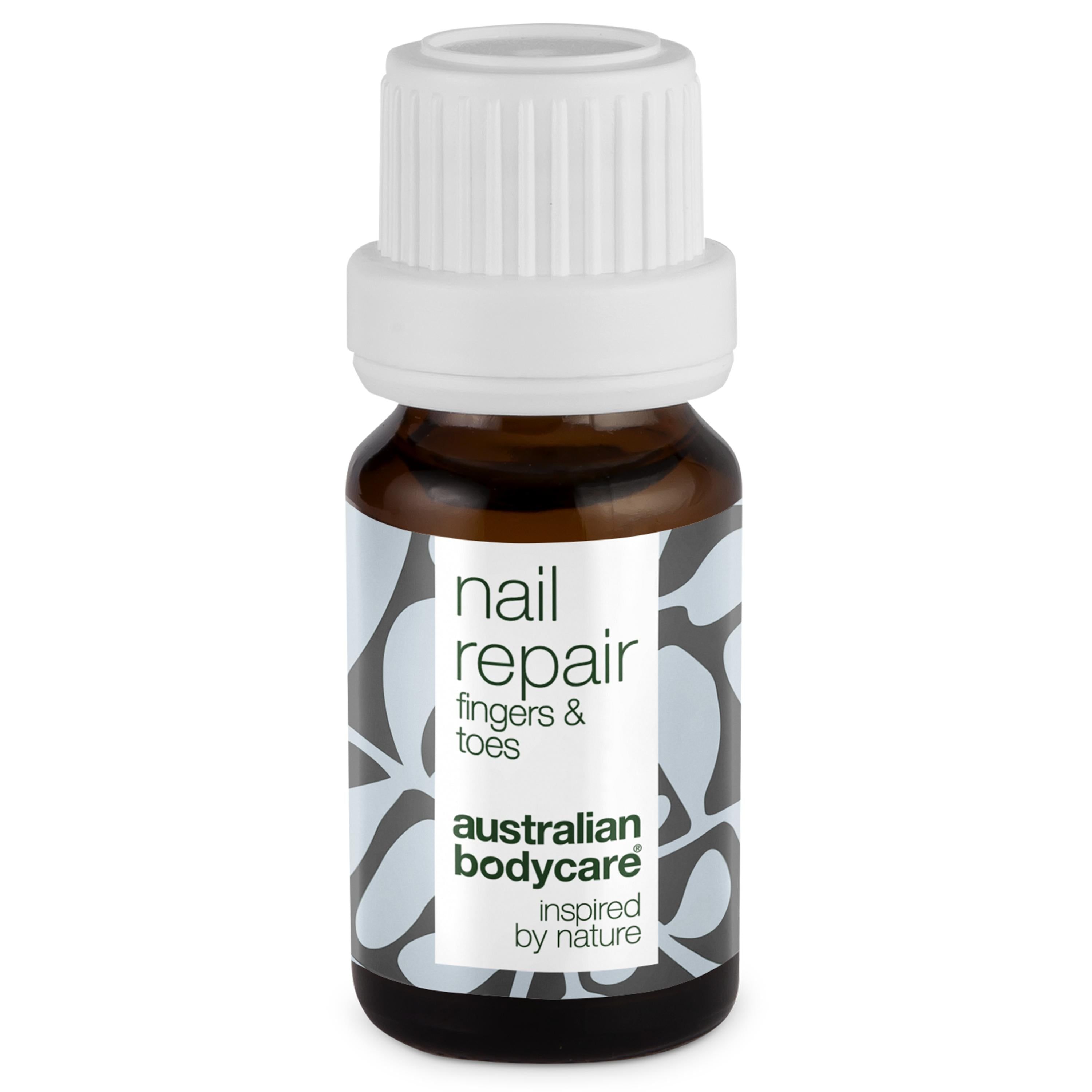 Braune Flasche mit weißem Deckel. Aufschrift: nail repair fingers & toes. Marke: Australian Bodycare.