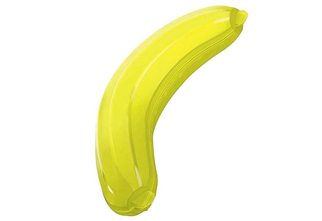 Gelbe, bananenförmige Box. Die Box hat eine längliche Form und ist leicht gebogen.