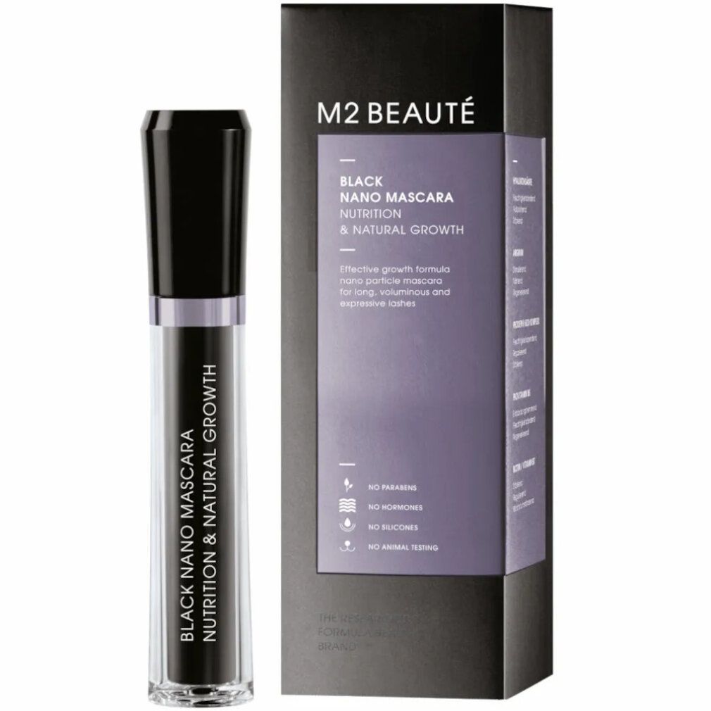 Mascara-Tube und Schachtel. Auf der Schachtel steht "M2 BEAUTÉ BLACK NANO MASCARA".