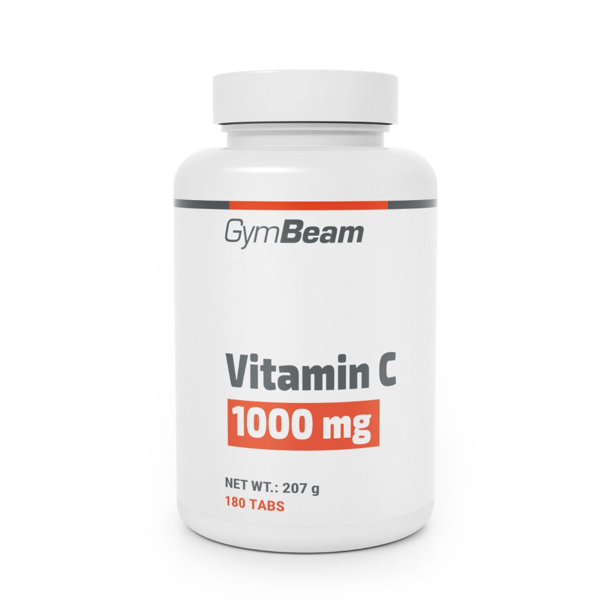 Weiße Flasche mit GymBeam Logo. Enthält Vitamin C 1000 mg, 180 Tabletten.