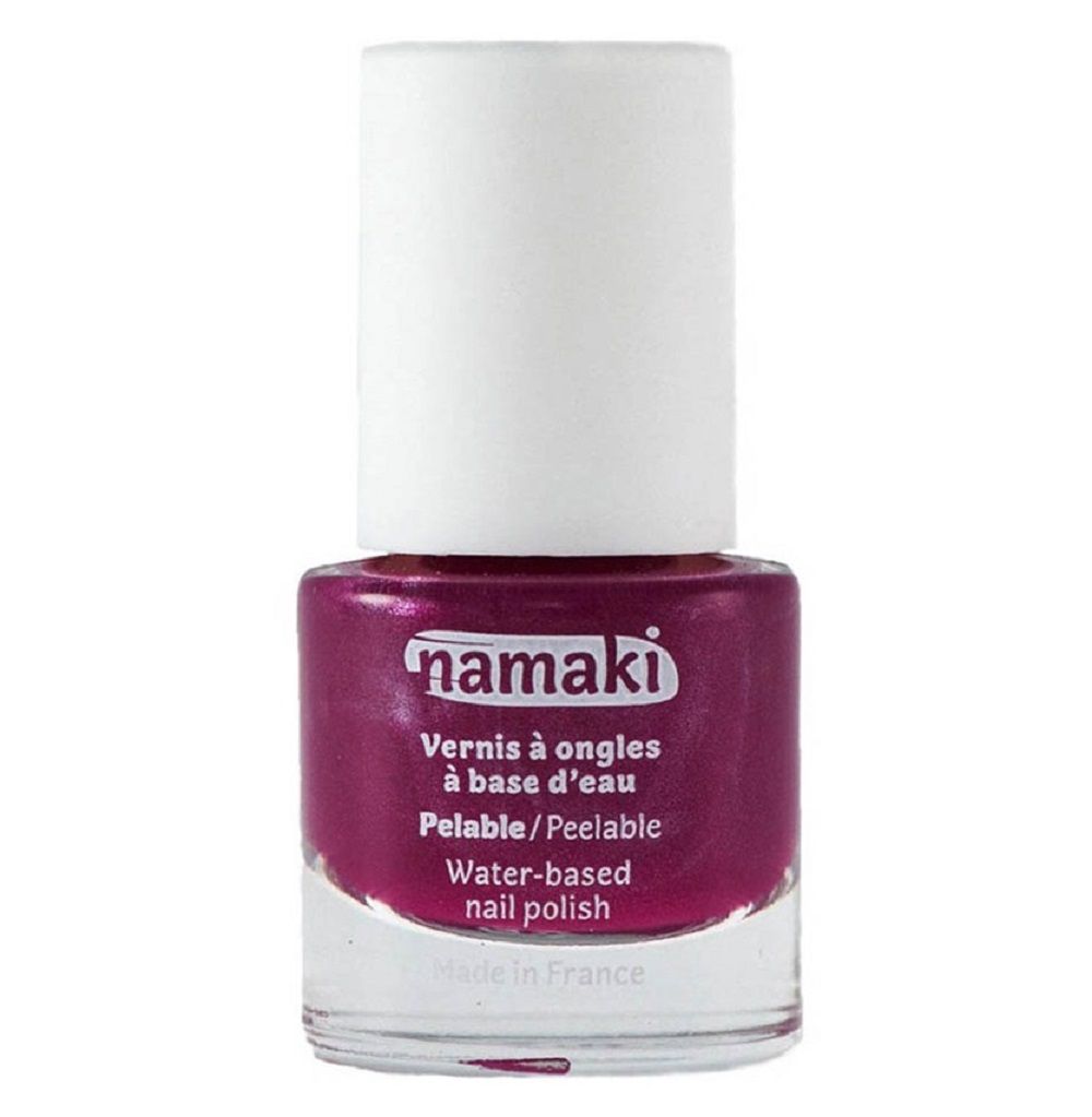 Flasche Nagellack, Marke Namaki. Dunkelroter Lack, weißer Deckel. Aufschrift: Vernis à ongles à base d'eau, Pelable/Peelable, Water-based nail polish.