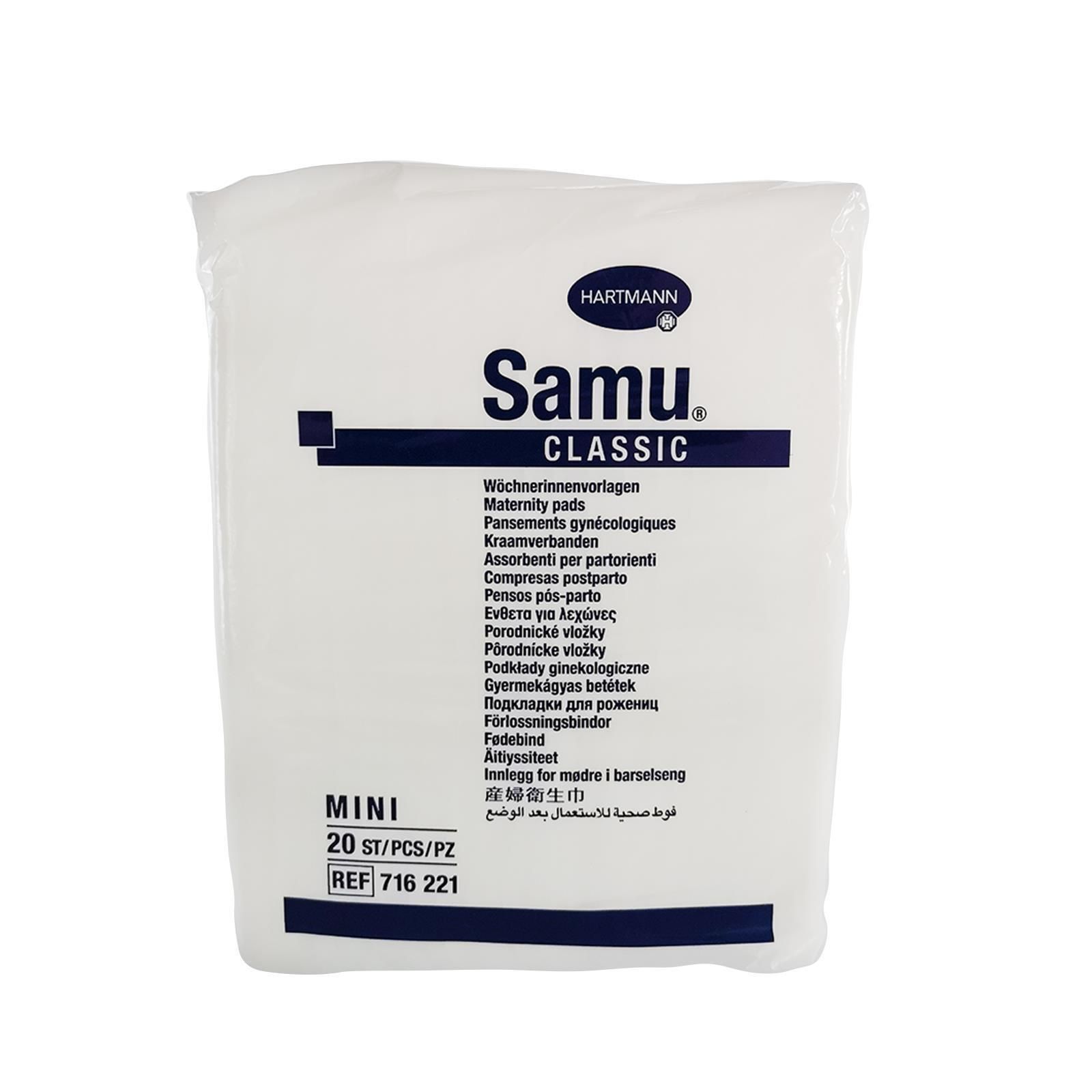 Hartmann Samu Classic Mini Packung. Weiße Verpackung mit Produktbezeichnung und Text. 20 Stück.