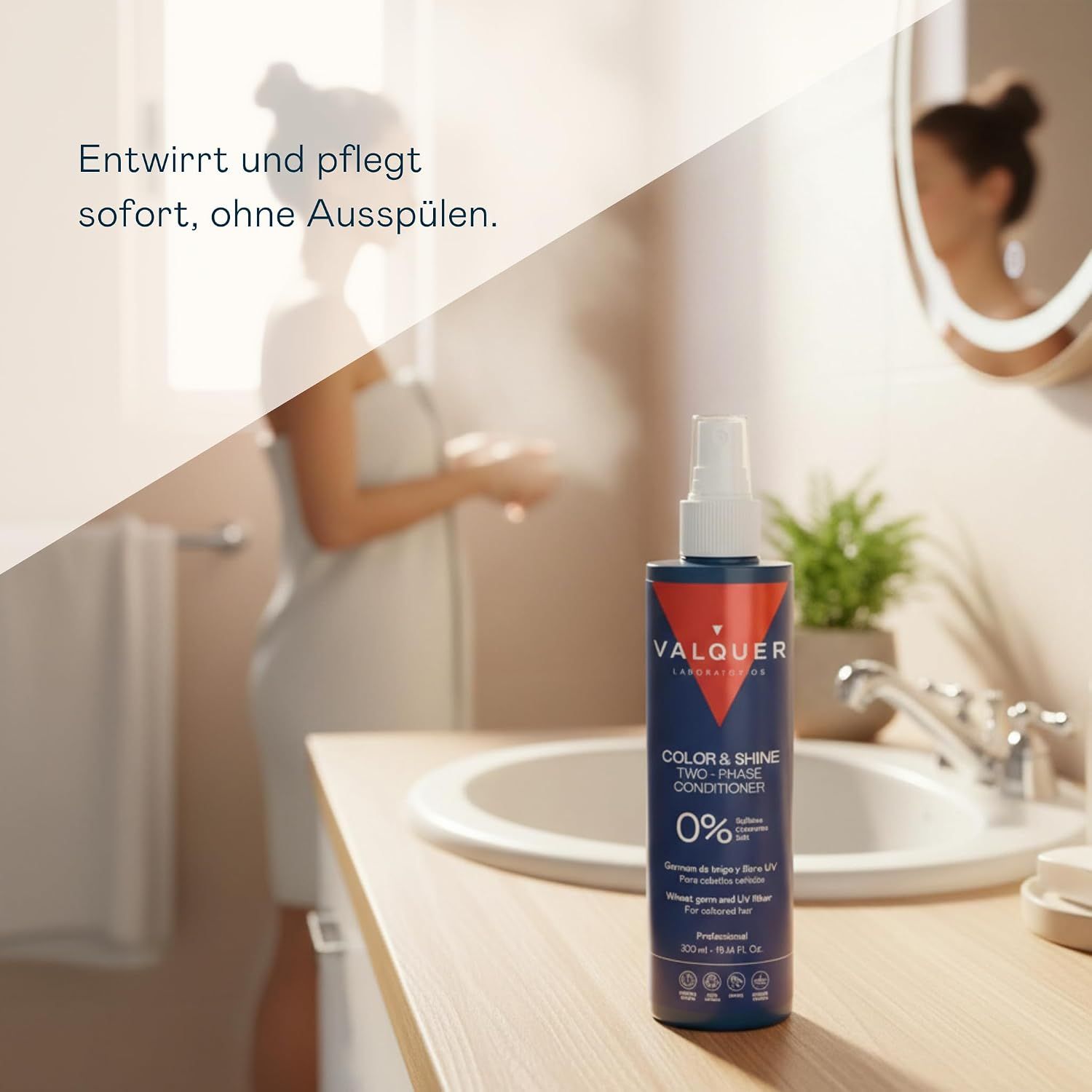 Valquer Color & Shine Zwei-Phasen-Conditioner in dunkler Flasche mit Sprühkopf.