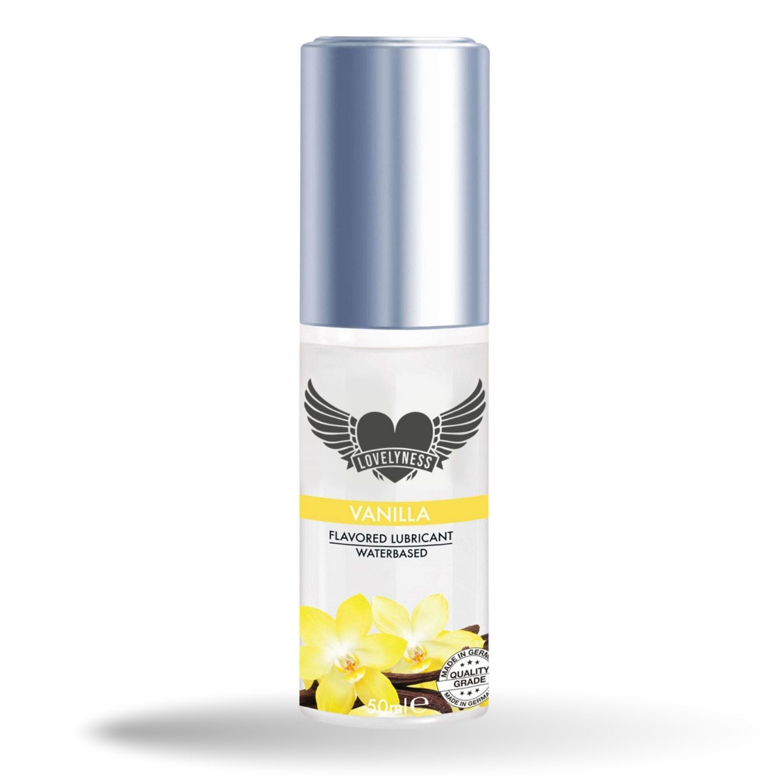 Gleitgel mit Vanille-Geschmack. Wasserbasiert. Flasche mit silbernem Deckel. Gelbe und weiße Etiketten mit Logo und Blüten.