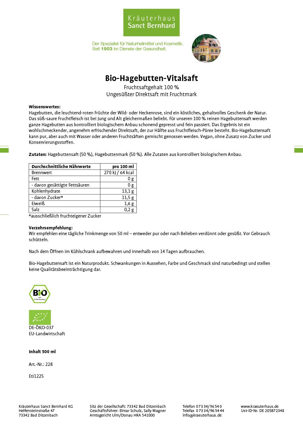 Verpackungsbeilage für Bio-Hagebutten-Vitalsaft mit Nährwertangaben und Bio-Siegel.