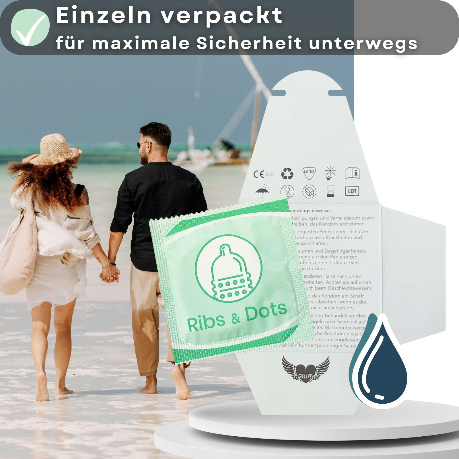 Kondom mit Noppen und Rippen. Aufdruck: Ribs & Dots. Logo: Flügelherz. Maße: 190mm Länge, 52mm Breite.