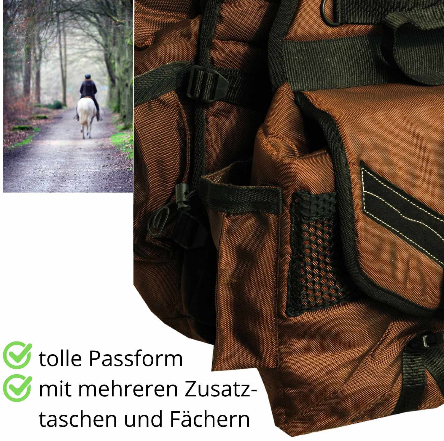 Braune Satteltasche mit mehreren Fächern und Schnallen. Text: tolle Passform mit mehreren Zusatztaschen und Fächern.