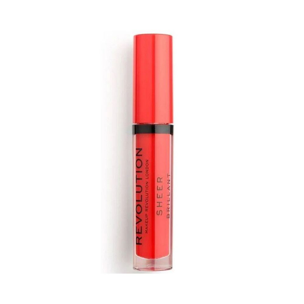 Roter Lipgloss. Auf der Flasche steht "REVOLUTION SHEER BRILLANT".