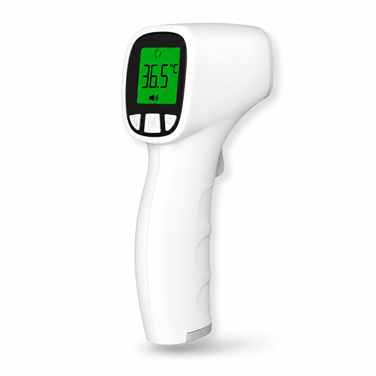 Weißes Infrarot-Thermometer mit beleuchtetem Display, das 36,5°C anzeigt.