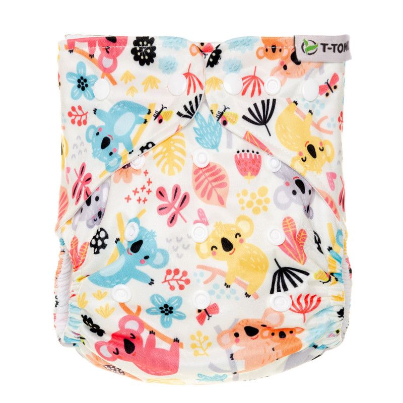 Stoffwindel mit Koala-Muster und Druckknöpfen. Mehrfarbiges Design mit Koalas und Blättern. Marke T-TOMI.