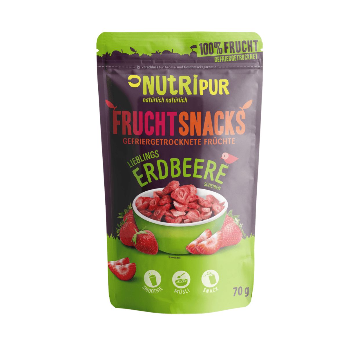 Verpackung NutriPur Erdbeer-Fruchtsnacks. Grün-violette Tüte mit Produktnamen und Erdbeeren. 70g.