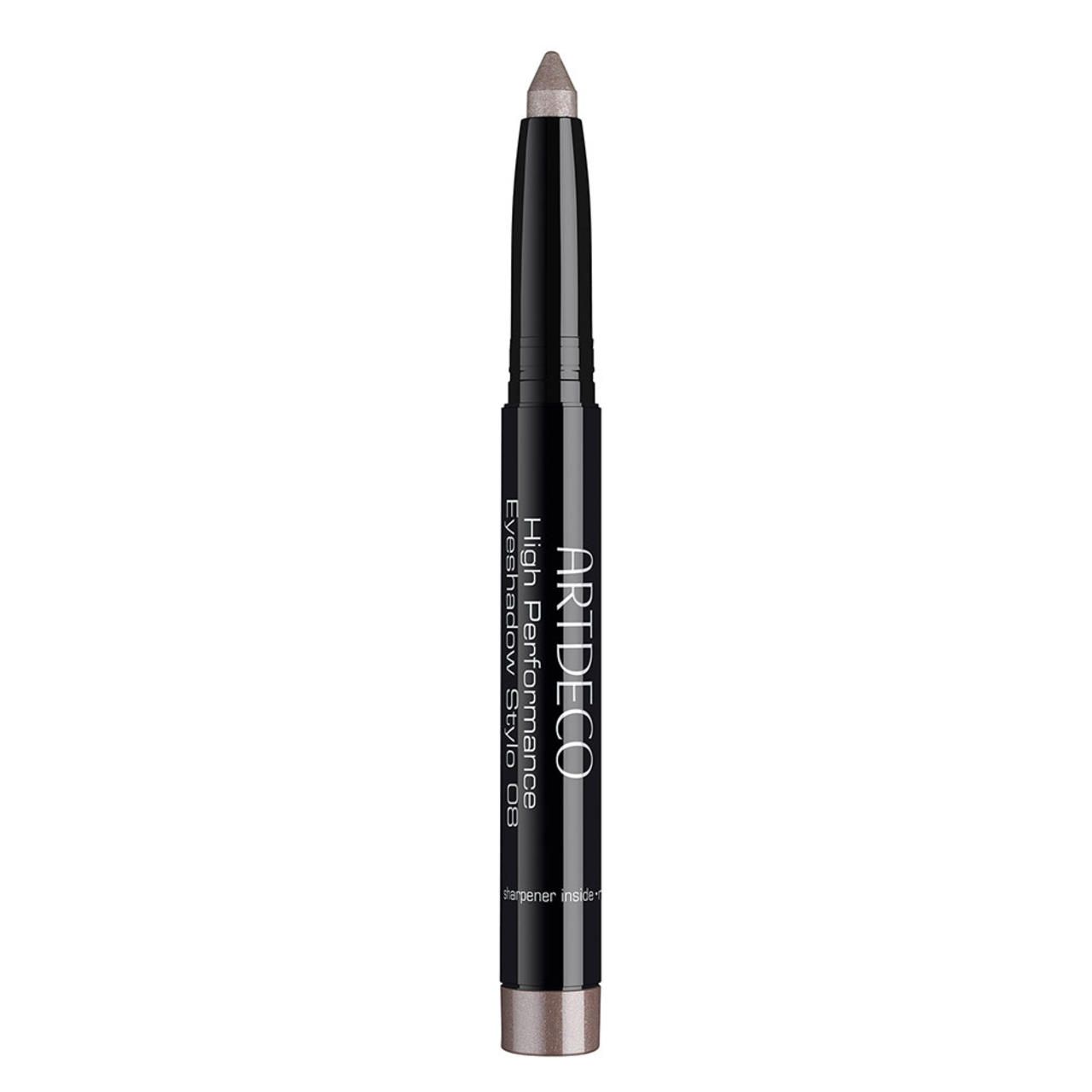 Artdeco High Performance Eyeshadow Stylo. Grauer Lidschattenstift. Schwarzer Stift mit silberner Spitze. Produktname und Marke sichtbar.