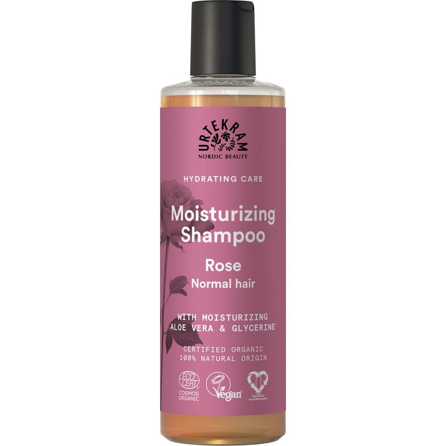 Shampoo-Flasche mit schwarzem Deckel. Aufschrift: Moisturizing Shampoo Rose, für normales Haar. Zertifiziertes Bio-Produkt.