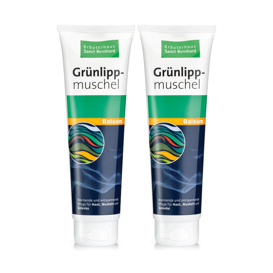 Zwei Tuben Grünlippmuschel-Balsam nebeneinander. Weiß, mit grüner und blauer Beschriftung.
