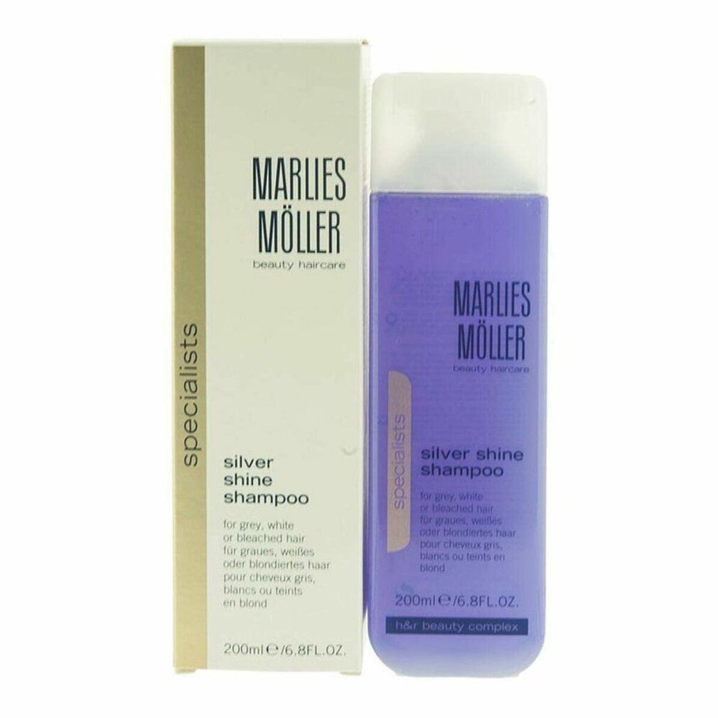 Marlies Möller Silver Shine Shampoo. Flasche und Verpackung. Text: Silver Shine Shampoo, für graues, weißes oder blondiertes Haar.