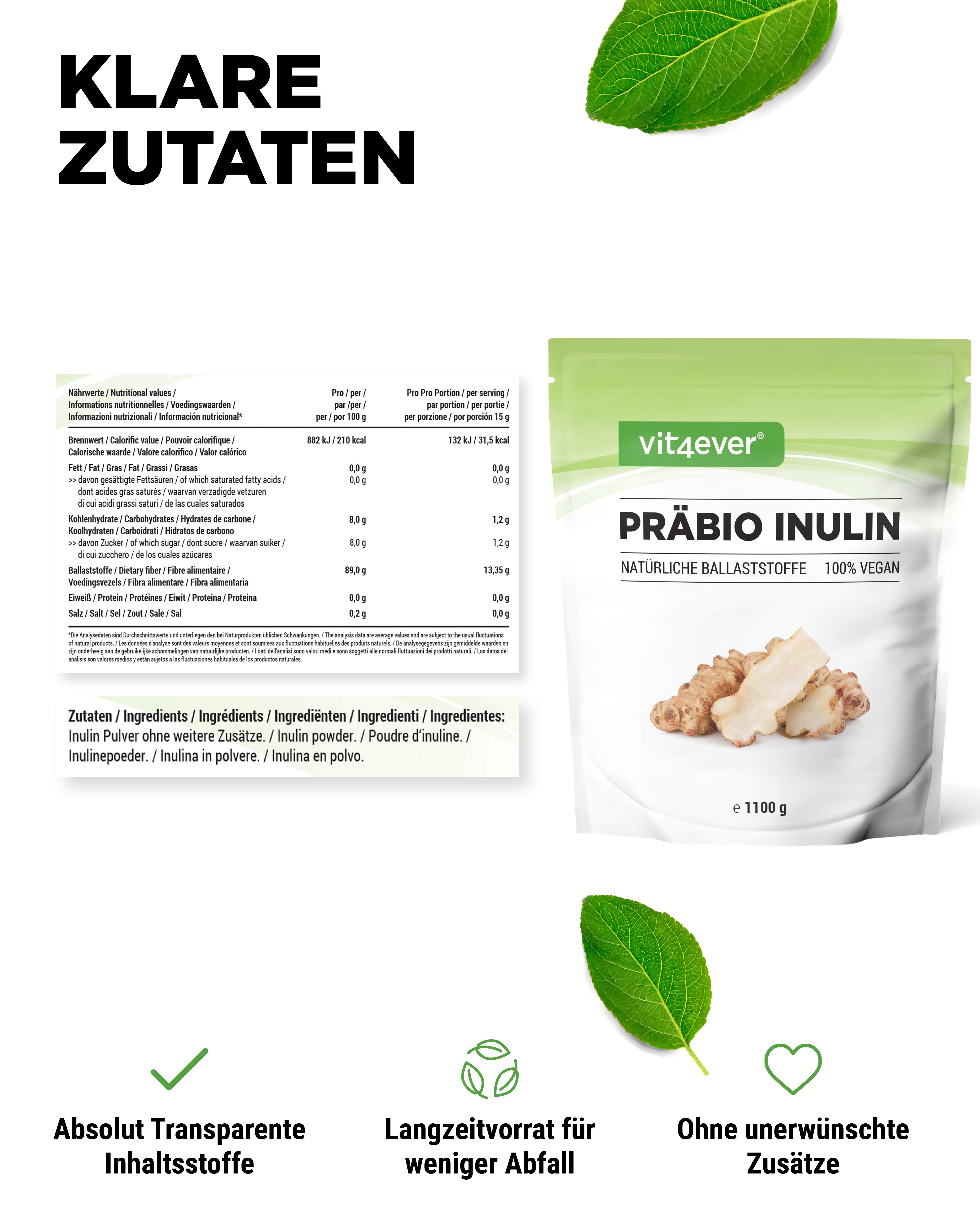 Beutel Präbio Inulin, 1100g. Verpackung mit Logo und Produktbezeichnung. Illustration von Chicoréewurzeln. Nährwerttabelle.