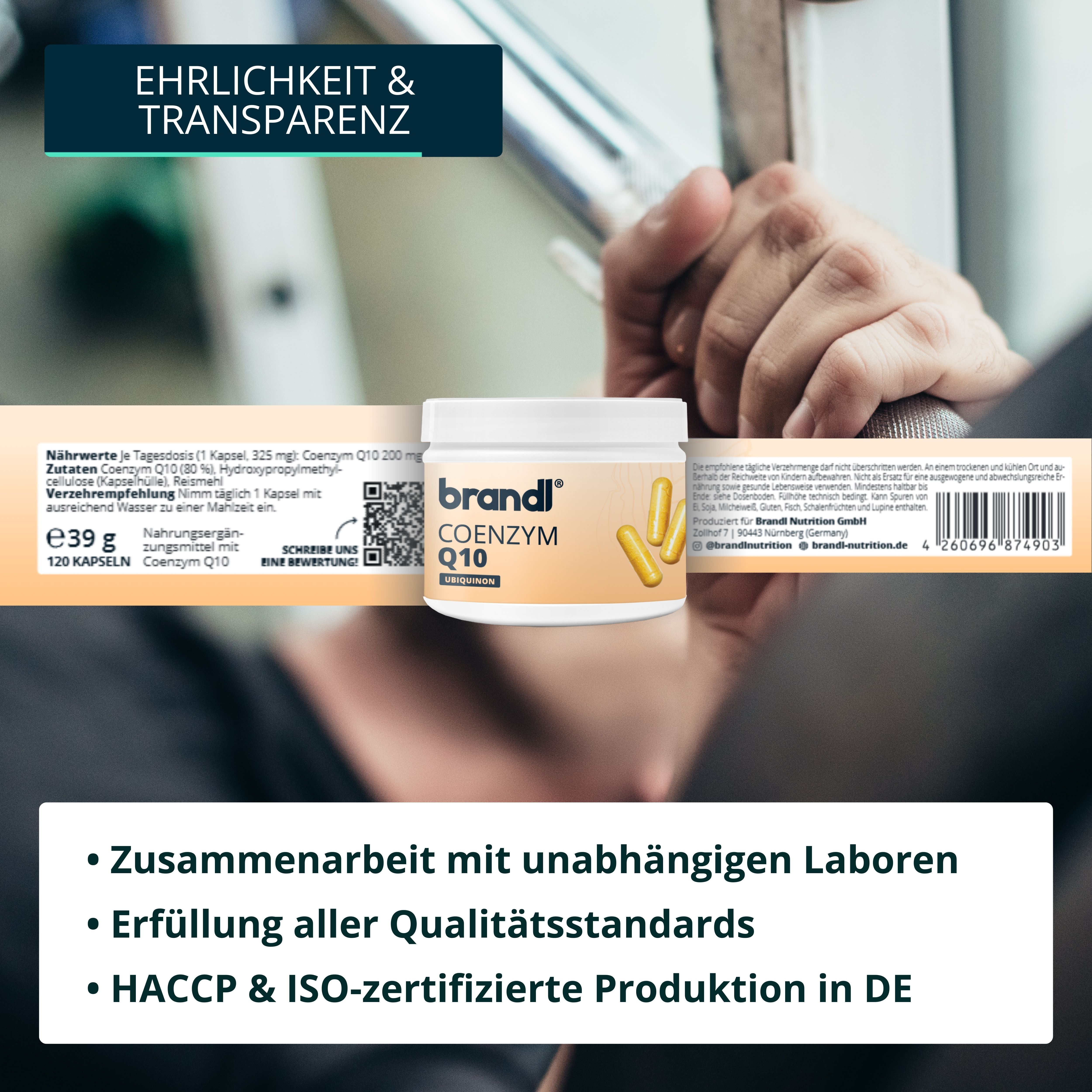 Text: Nährwerte, Inhaltsstoffe, Allergene, Verzehrempfehlung. Dose mit Coenzym Q10 Kapseln. Marke: brandl. 120 Kapseln.