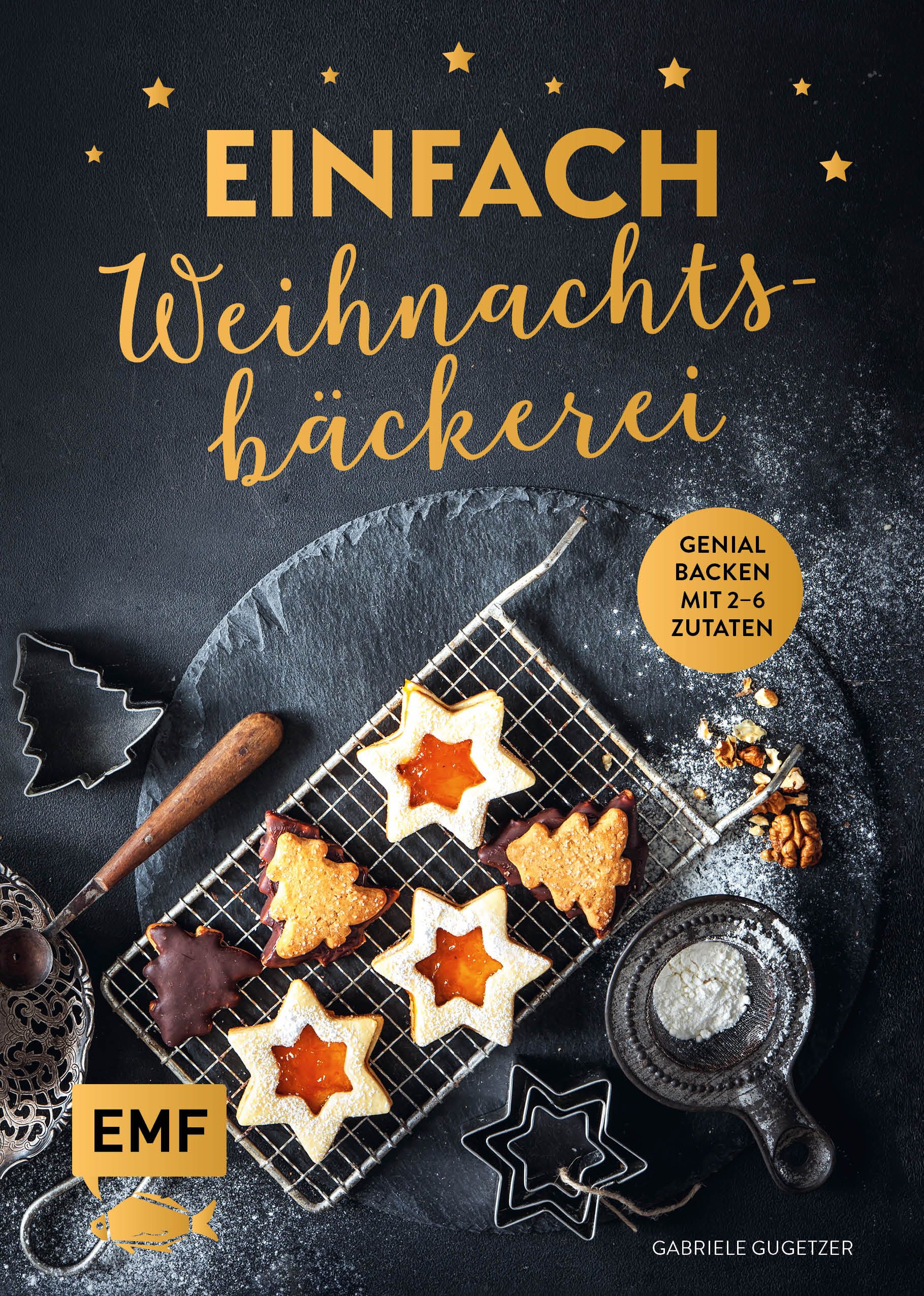 Buchcover mit Titel "Einfach Weihnachtsbäckerei". Geformte Kekse auf einem Rost, Stern- und Tannenbaumformen. Autor: Gabriele Gugetzer.