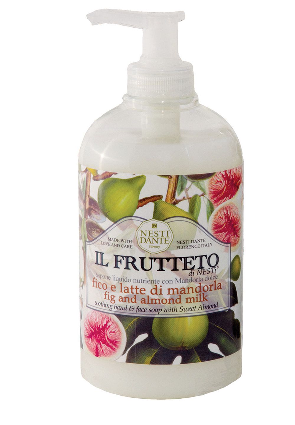 Transparente Flasche mit Spender. Aufkleber mit Illustrationen von Feigen und Blüten. Text: Nesti Dante, Il Frutteto, Feige und Mandelmilch.