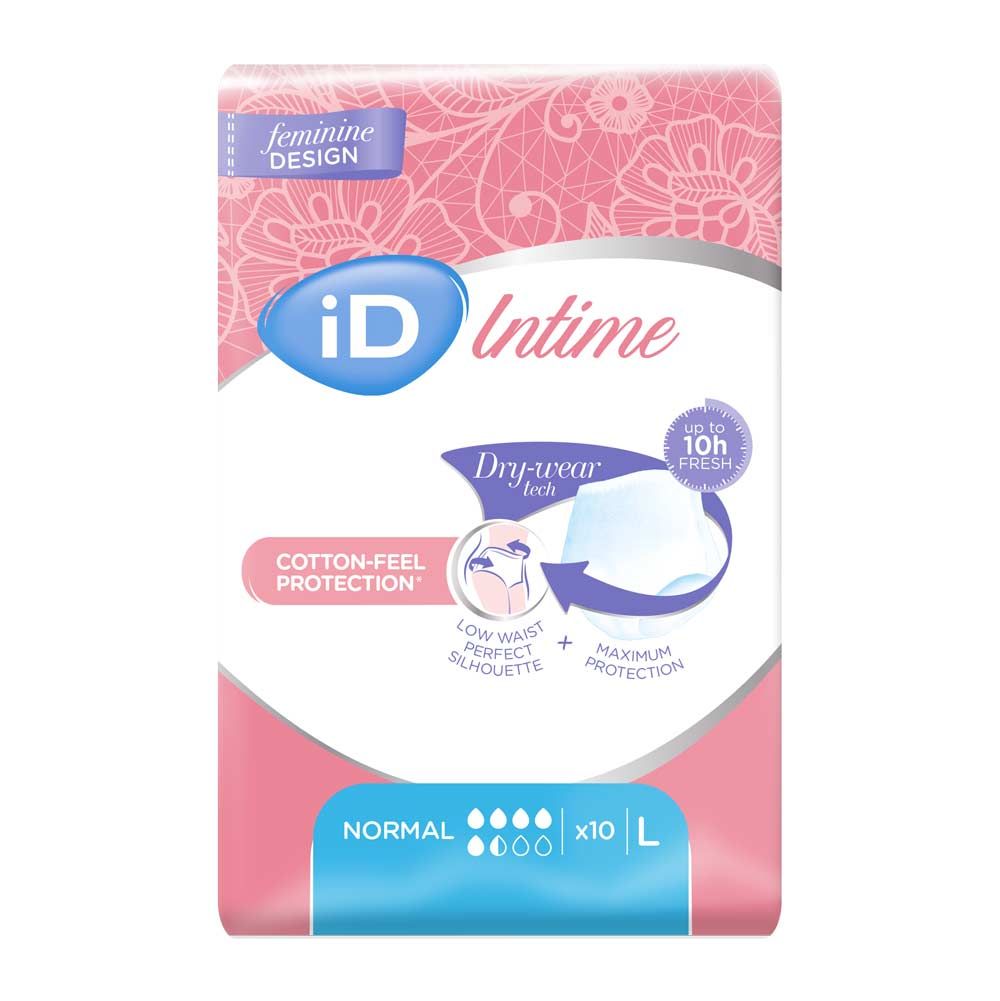 Verpackung von iD Intime Pants Normal L. Rosa und weißes Design mit Produktinformationen und Logo. Größe L, 10 Stück.