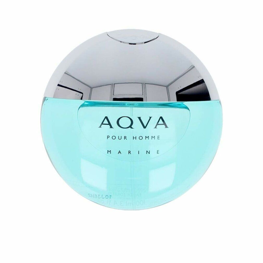 Runder Flakon, hellblaues Glas, silberner Deckel. Aufschrift: AQVA POUR HOMME MARINE.