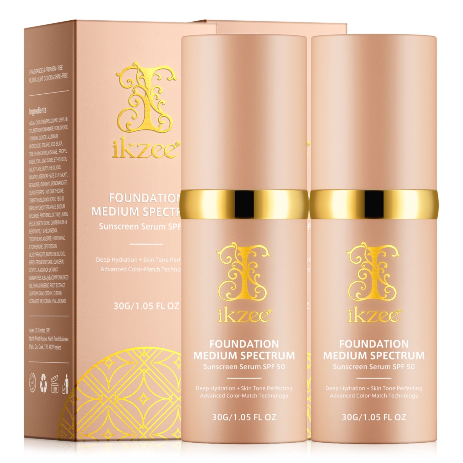Zwei Flaschen Foundation Serum mit SPF 50. Rosa-goldene Flaschen mit goldenen Akzenten. Aufschrift: Foundation Medium Spectrum, 30g/1.05 FL OZ.