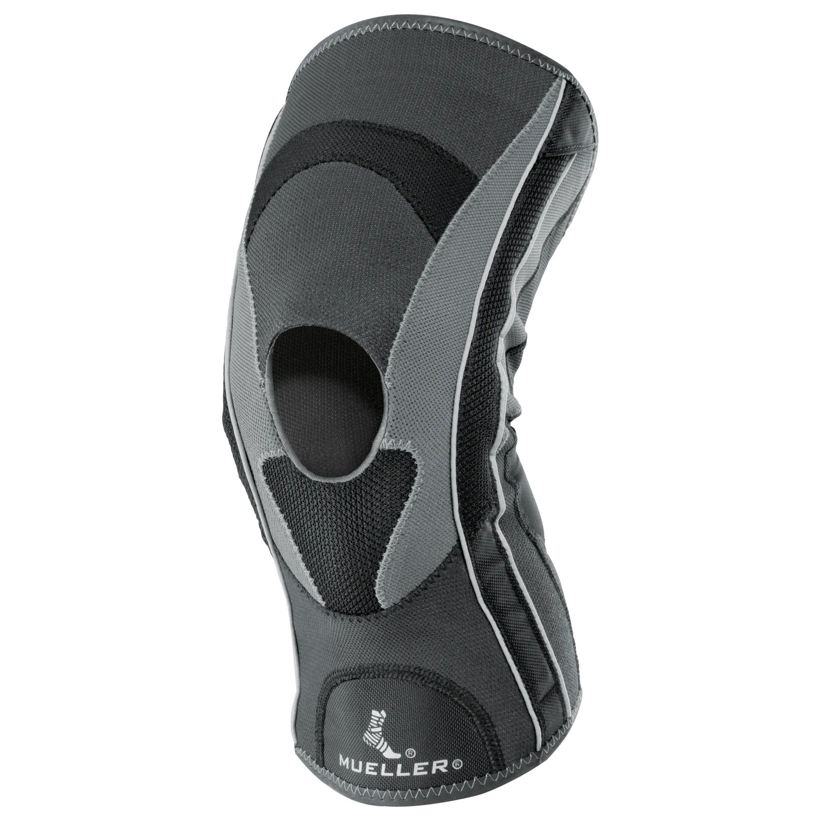 Kniestütze, grau-schwarz. Offene Kniescheibe, seitliche Verstärkungen, Markenlogo. Mesh-Einsatz. Mueller Hg80.