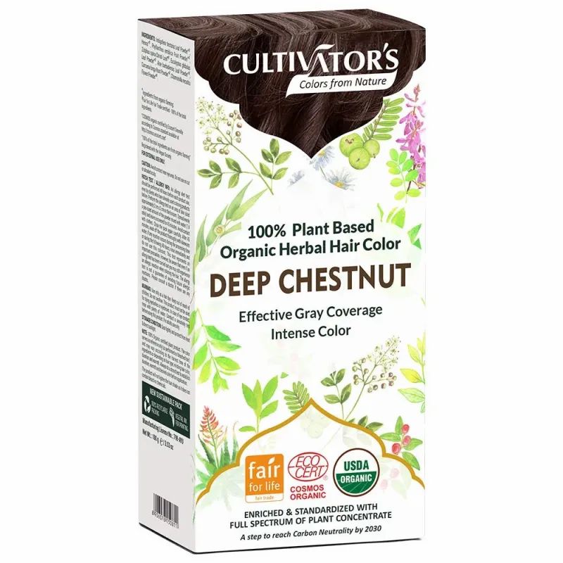 Verpackung von CULTIVATOR'S Pflanzenhaarfarbe. Text: Deep Chestnut, 100% pflanzlich, Bio-Kräuter-Haarfarbe. Mit Fair for Life, Cosmos Organic und USDA Organic Siegeln.