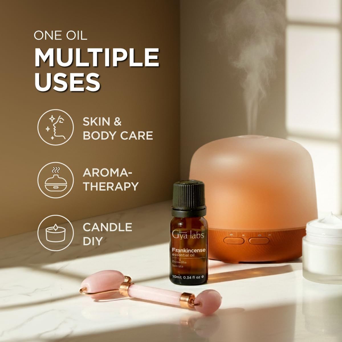 Ölflasche, Diffusor, Gesichtsroller. Text: Ein Öl, mehrere Anwendungen: Haut- & Körperpflege, Aromatherapie, Kerzen-DIY. Gya Labs Weihrauchöl.