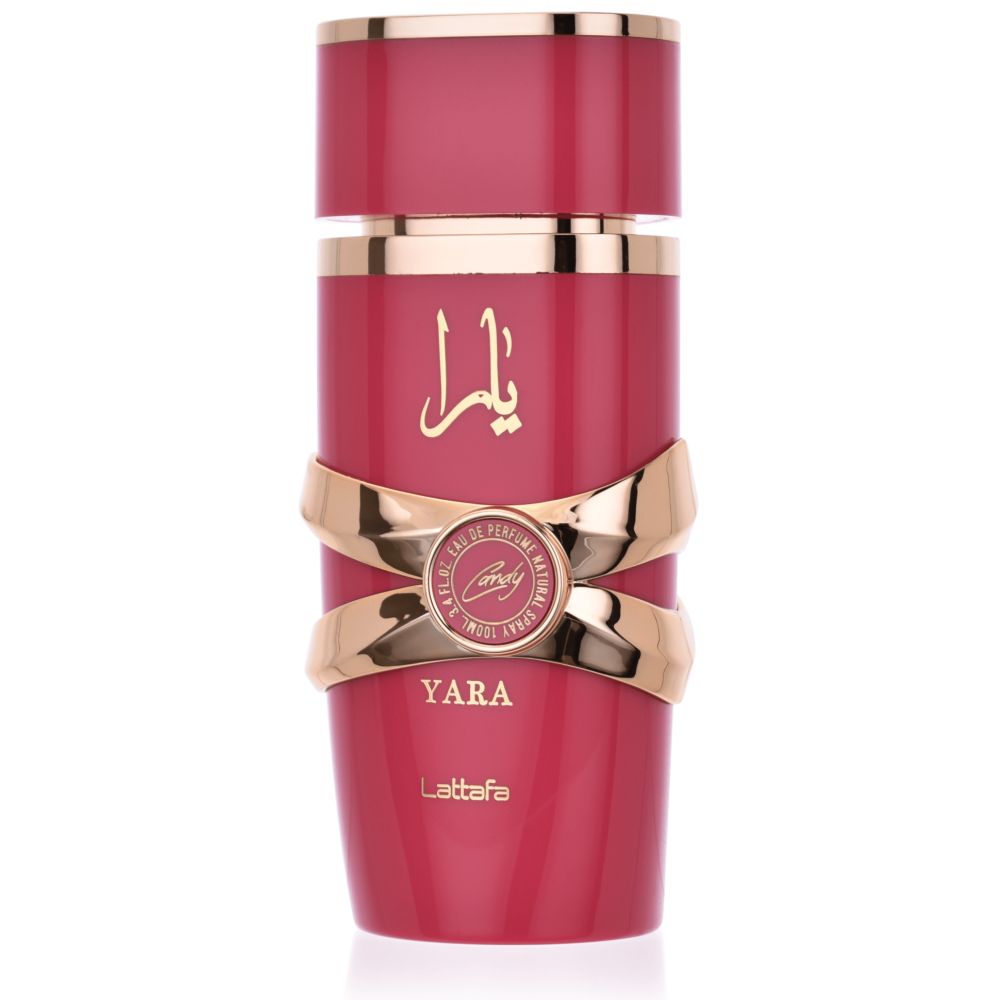 Rosa Flakon mit goldfarbenen Akzenten. Aufschrift "Yara" und arabische Schriftzeichen. Lattafa-Logo. Eau de Parfum.