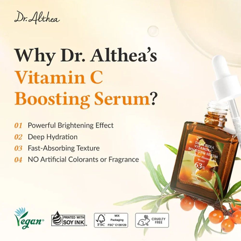 Produktflasche mit Text: Vitamin C Boosting Serum. Vegan-Logo, FSC-Zertifizierung, Cruelty Free-Logo. Text: Warum Dr. Althea's Vitamin C Boosting Serum?