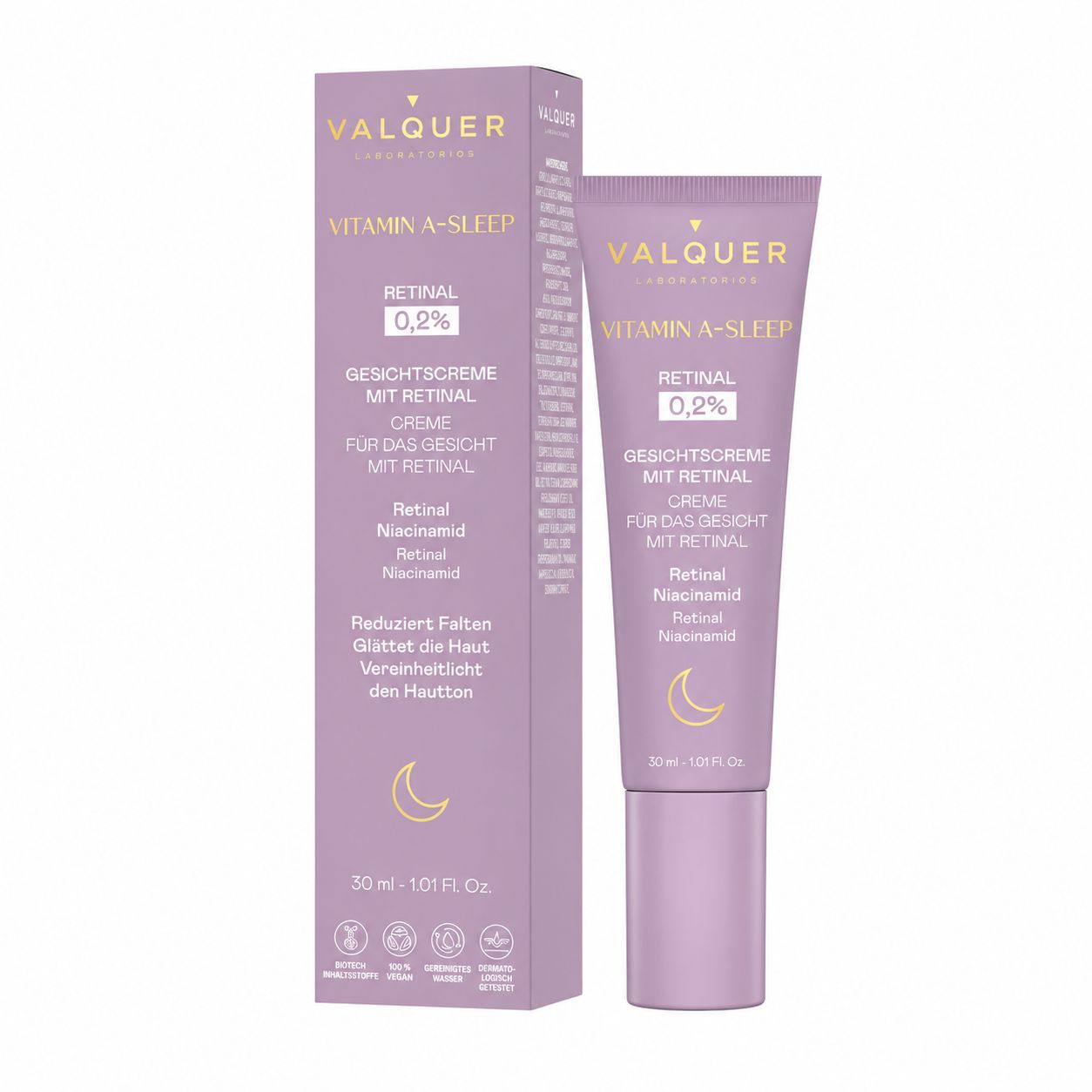 Valquer Gesichtscreme mit 0,2% Retinol, verpackt in einer lila Tube und Karton.
