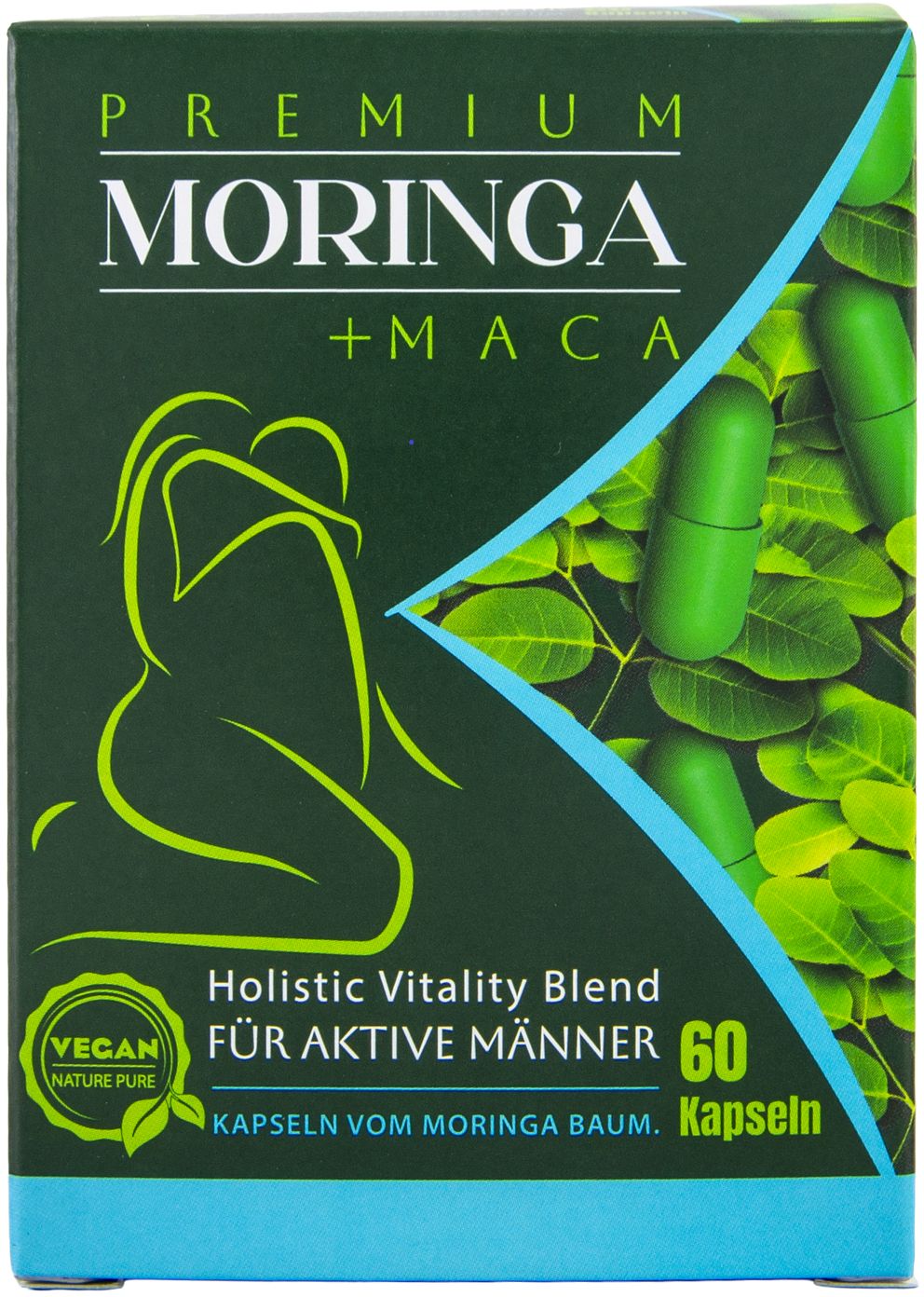 Verpackung mit MORINGA + MACA. Enthält 60 Kapseln. Vegan. Für aktive Männer. Grün und weißes Design.